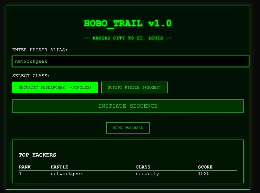 Screenshot of HOBO_TRAIL v1.0, a green-on-black terminal game titled Kansas City to St. Louis, with a hacker alias field, class selection, and a TOP HACKERS leaderboard